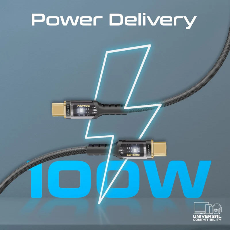 Promate LucidLine-CC200 Black USB-C to USB-C 100W LED Fast Charging Cable LUCIDLINE-CC200.BLACK 6959144065687