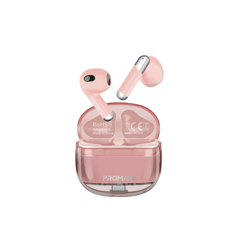 Promate TransPods Pink Transparent TWS Earbuds Bluetooth 5.3 6959144064666