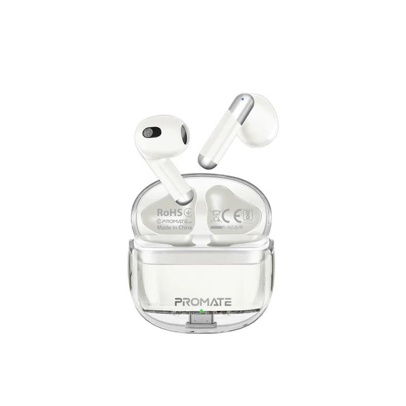 Promate TransPods White Transparent TWS Earbuds Bluetooth 5.3 6959144064642