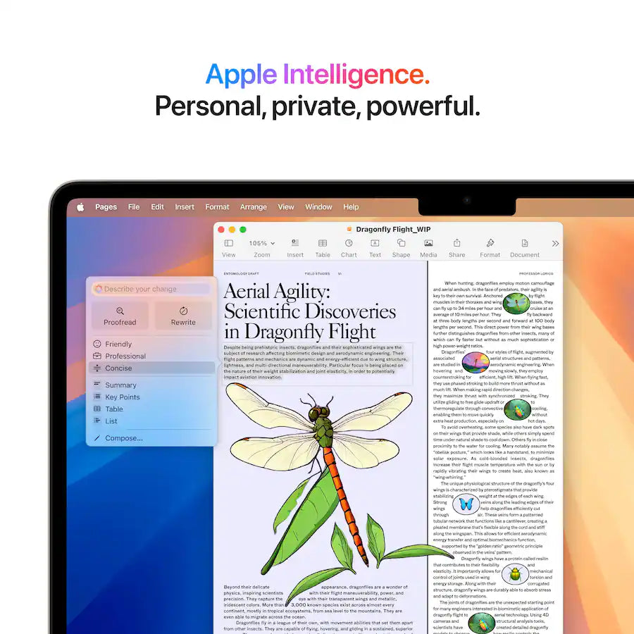 Laptop screen displaying a document with a dragonfly illustration, featuring Apple Intelligence branding.