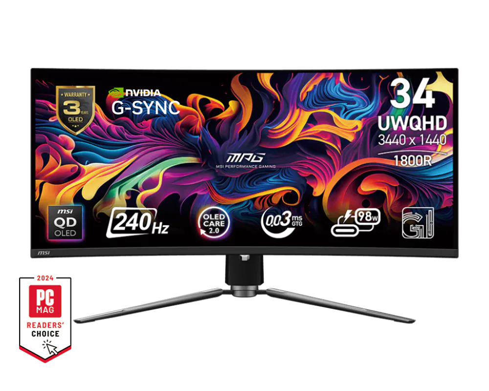 MSI MPG 341CQPX QD-OLED 34" Curved Gaming Monitor UWQHD 3440x1440 240Hz 0.03ms USB-C