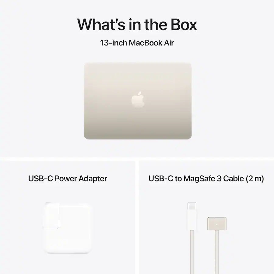 13-inch MacBook Air with USB-C Power Adapter and USB-C to MagSafe 3 Cable on a white background