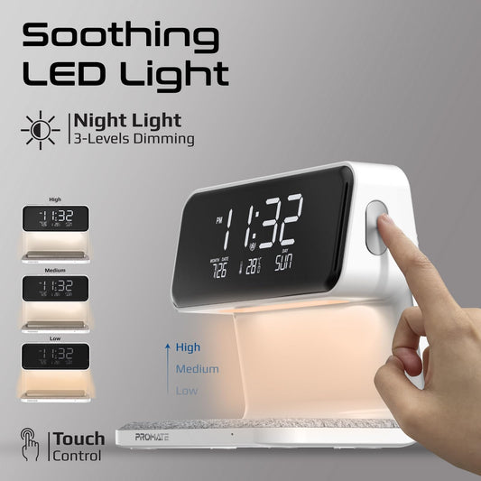 Promate Lumix-15W White LED Alarm Clock 15W Wireless Charger 6959144063782