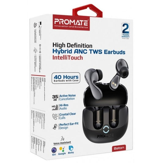 Promate Baton Black Hybrid ANC True Wireless Earbuds Bluetooth 5.4 6959144066585