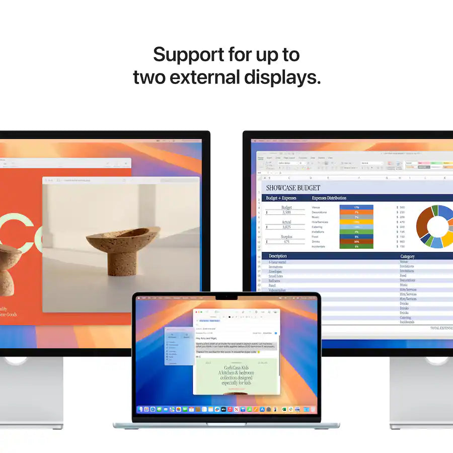 Three computer monitors displaying different applications with text 'Support for up to two external displays.'