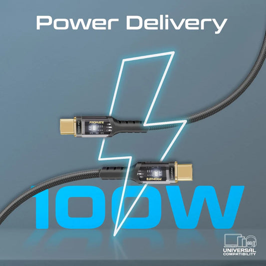 Promate LucidLine-CC200 Black USB-C to USB-C 100W LED Fast Charging Cable LUCIDLINE-CC200.BLACK 6959144065687