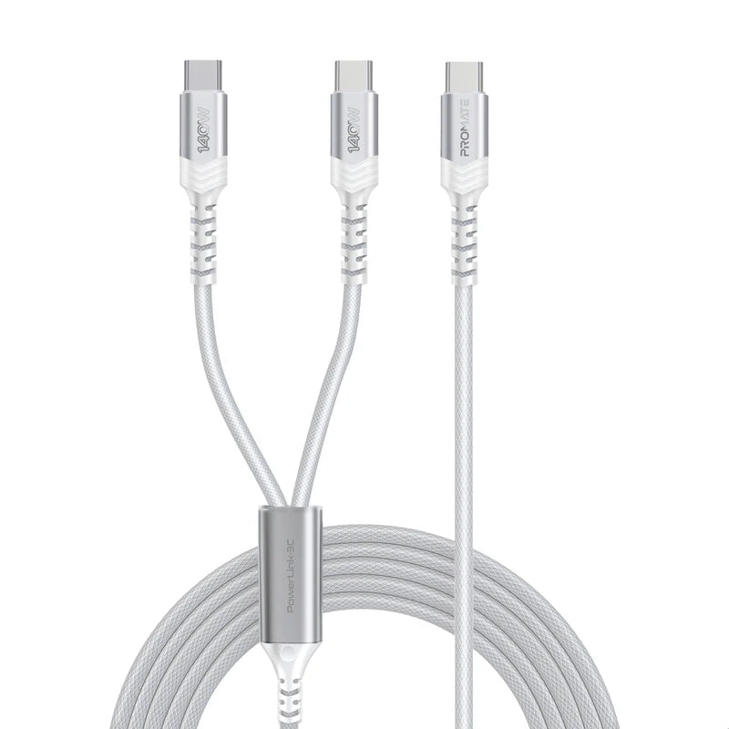 Promate PowerLink-3C White 140W USB-C to Dual USB-C Charging Cable POWERLINK-3C.WHITE 6959144068336