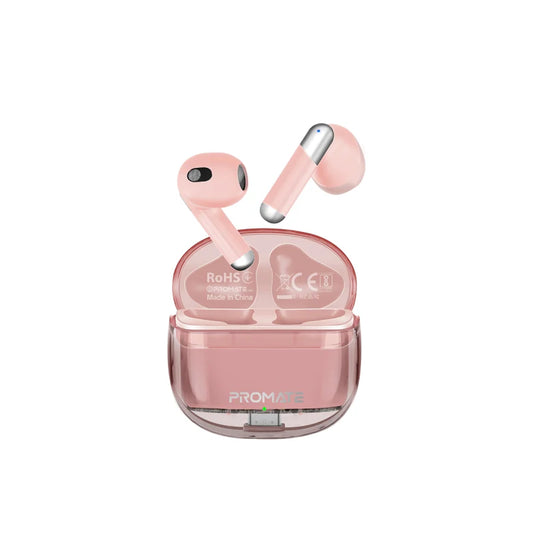 Promate TransPods Pink Transparent TWS Earbuds Bluetooth 5.3 6959144064666