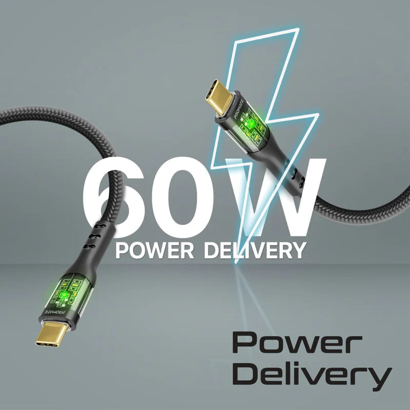Promate TransLine-CC200 Black USB-C to USB-C 60W LED Fast Charging Cable TRANSLINE-CC200.BLACK 6959144064871