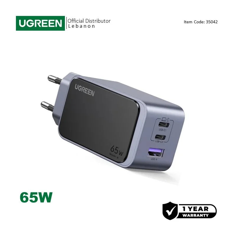 UGREEN X553 65W GaN Triple-Port Fast Charger for Phones, Tablets, iPads, Laptops & MacBooks (35042)